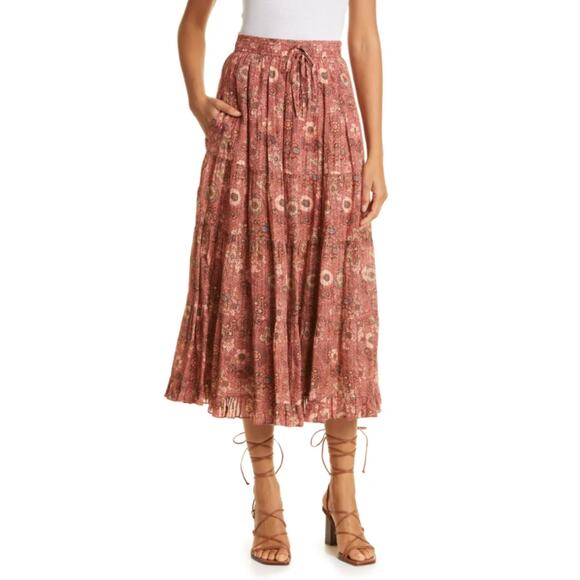 Ulla Johnson Midi Skirt Verity Tiered Floral Print Cotton Rosebud Peasant Size 2 - Picture 1 of 13
